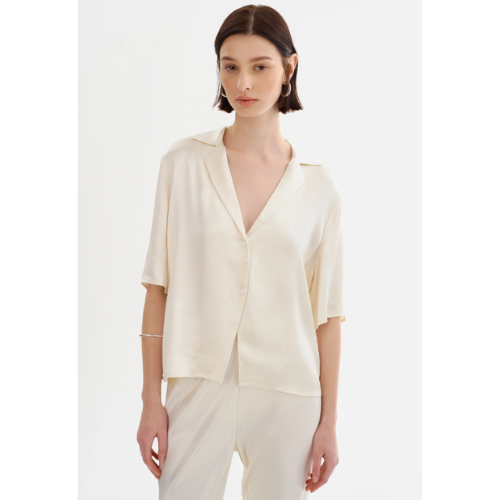 LAMARQUE | SARAI | Satin Short Sleeve Shirt - Cream - Image 2
