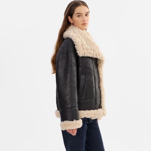 LAMARQUE | DEMI | Faux Shearling Coat - BLACK / BEIGE - Image 3