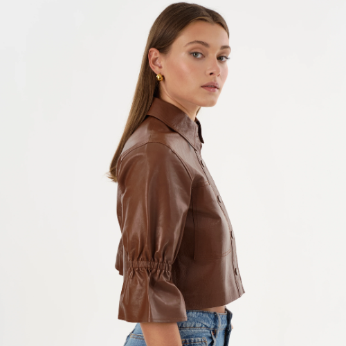 LAMARQUE | CAROLINA | Leather Ruffle Sleeve Jacket - LUGGAGE - Image 3