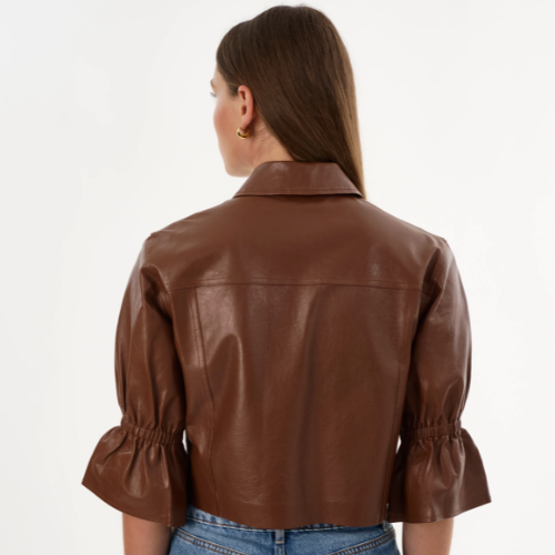 LAMARQUE | CAROLINA | Leather Ruffle Sleeve Jacket - LUGGAGE - Image 4