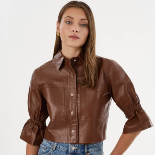 LAMARQUE | CAROLINA | Leather Ruffle Sleeve Jacket - LUGGAGE - Image 2